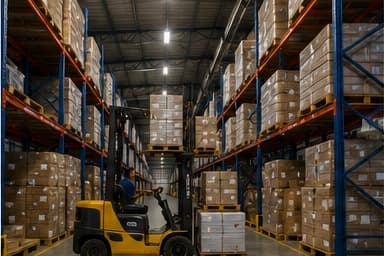 Empilhadeira em operação de carregamento no armazém