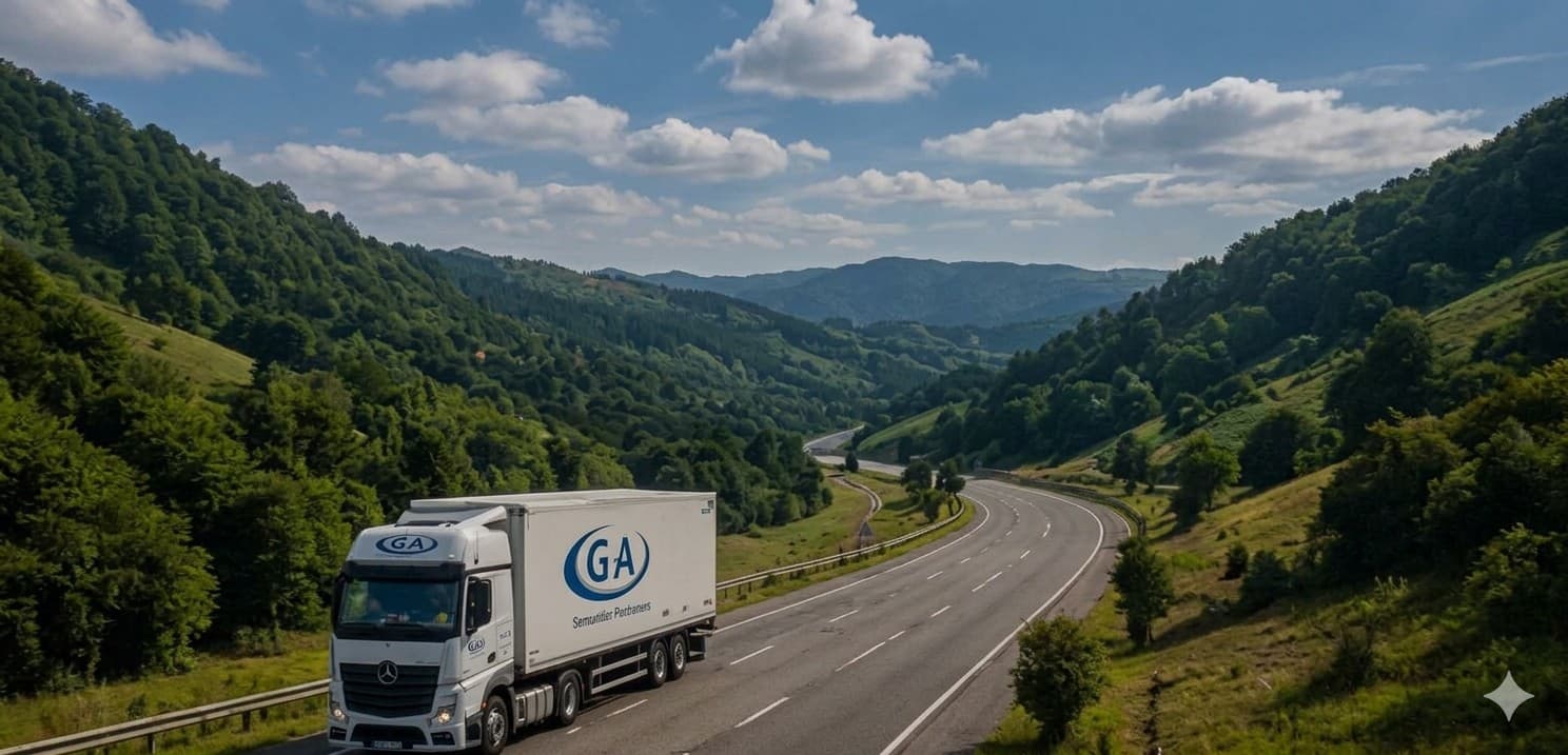 Caminhão do Grupo G-A em rodovia de serra, transporte de cargas sensíveis